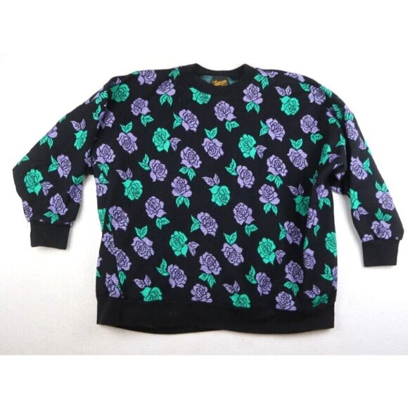 VINTAGE WOMEN'S BLACK PURPLE ROSE PRINT PULLOVER SWEATER - BY SUCCESS - ONE SIZE - Picture 2 of 5